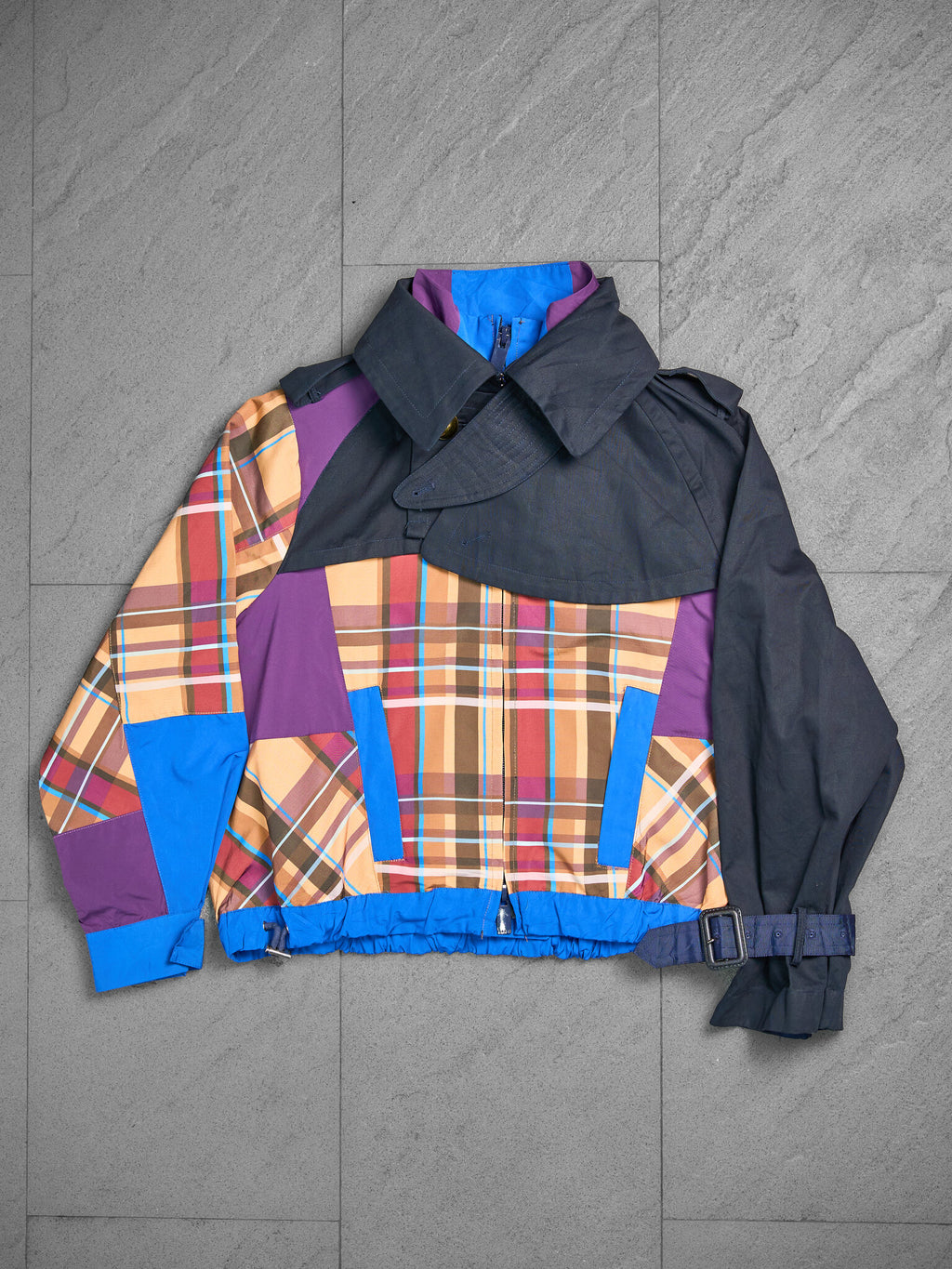 Sacai Plaid Check-Panel Zip-Up Trench Blouson Jacket