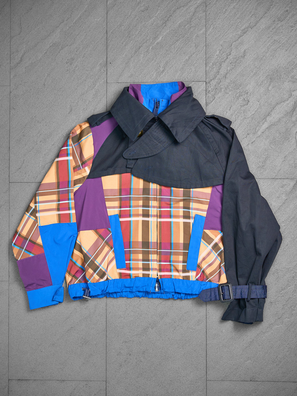 Sacai Plaid Check-Panel Zip-Up Trench Blouson Jacket