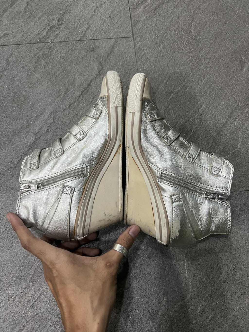 ASH Silver Leather Buckle Wedge Sneakers EU37