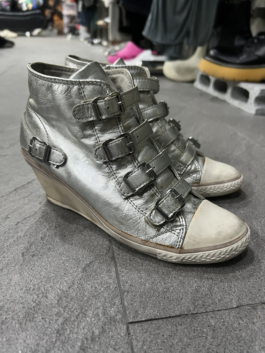 ASH Silver Leather Buckle Wedge Sneakers EU37