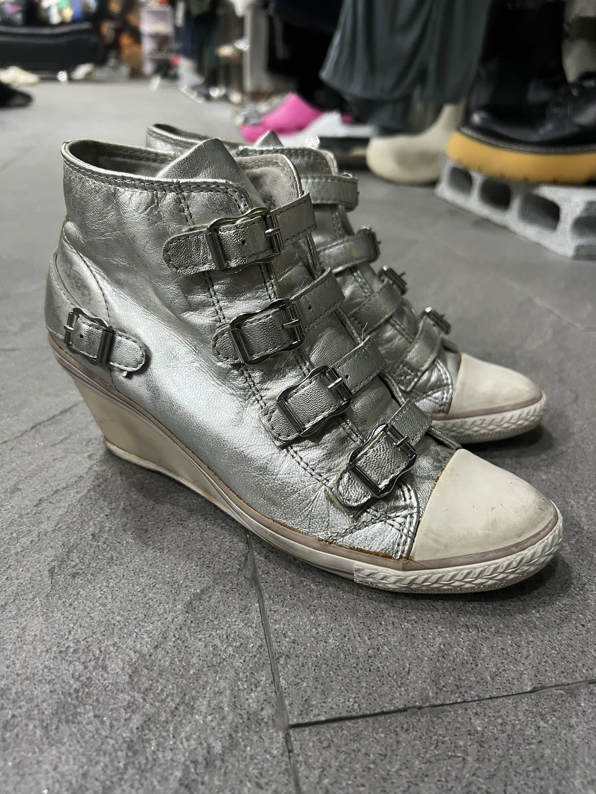 ASH Silver Leather Buckle Wedge Sneakers EU37