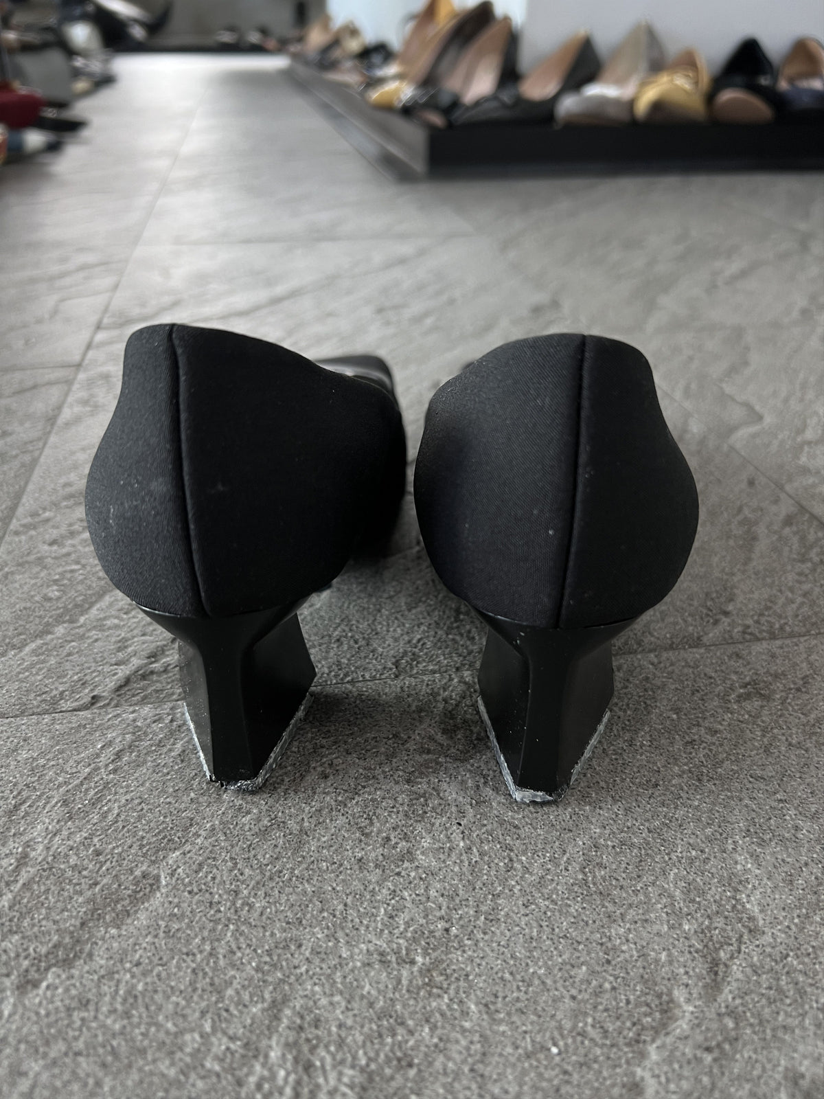 Prada Black Satin Pumps Square Toe Logo Heels EU35