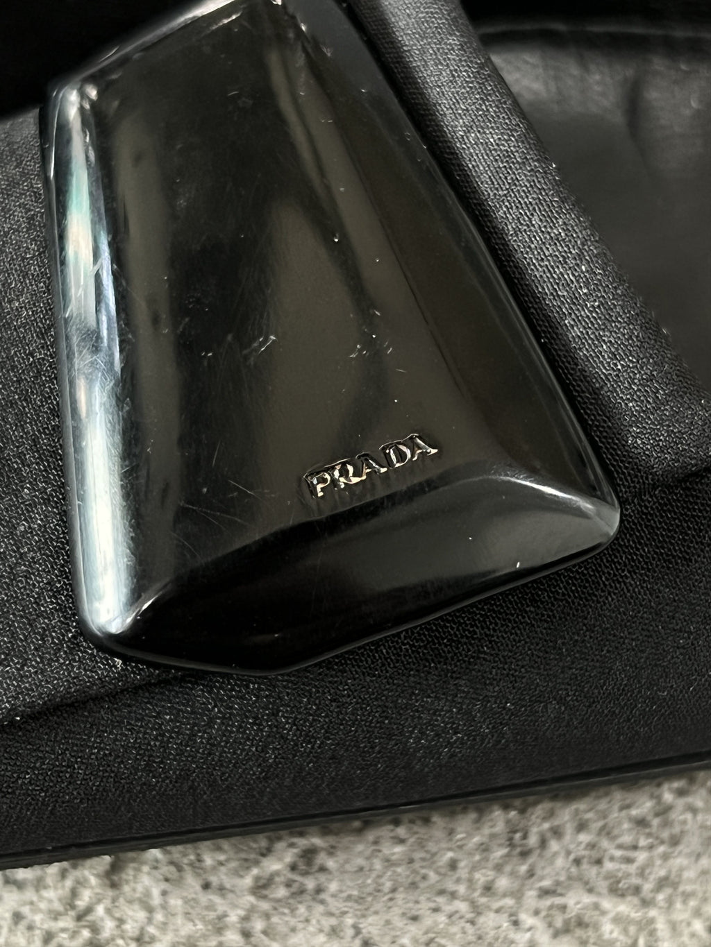 Prada Black Satin Pumps Square Toe Logo Heels EU35