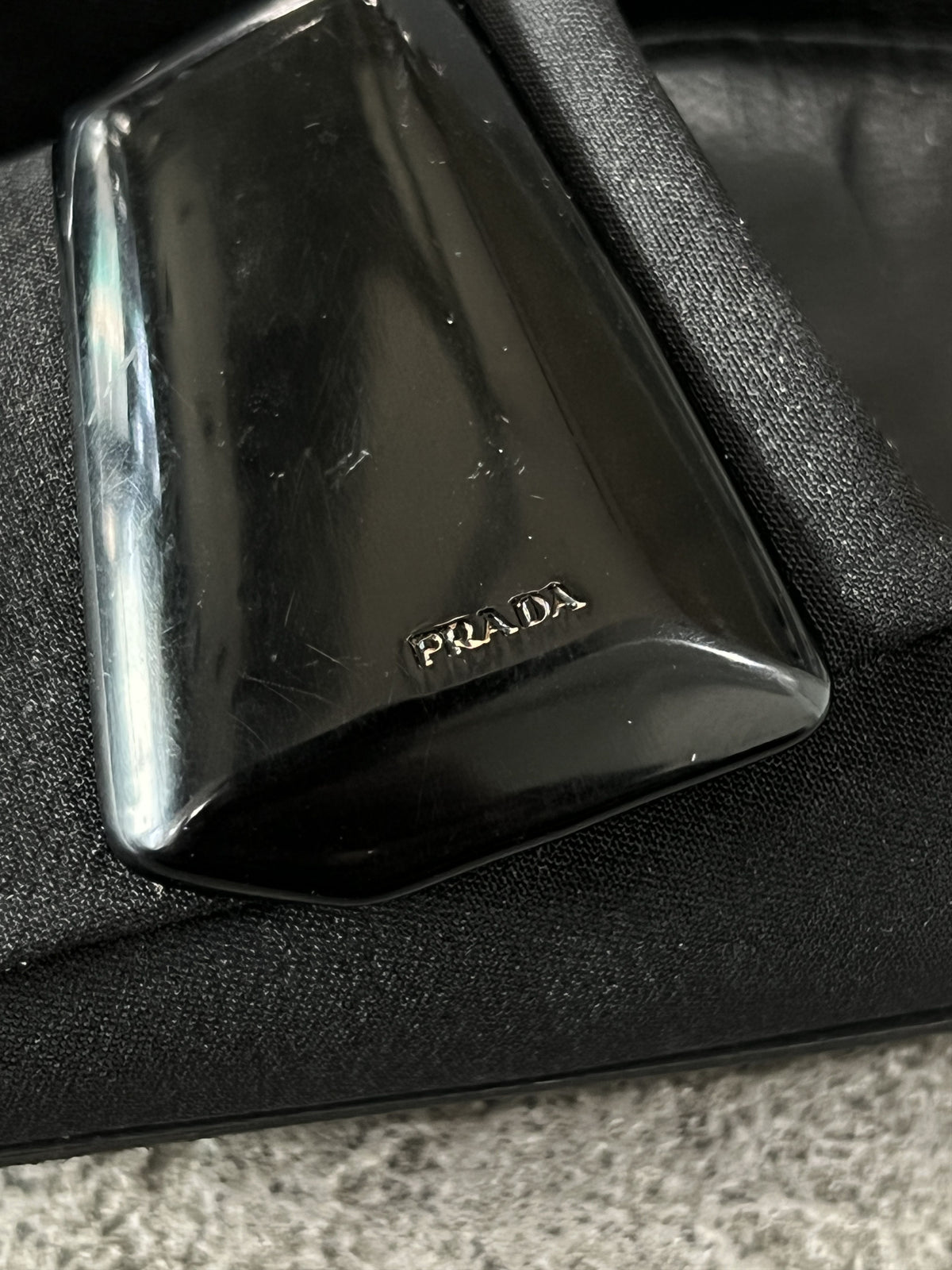 Prada Black Satin Pumps Square Toe Logo Heels EU35