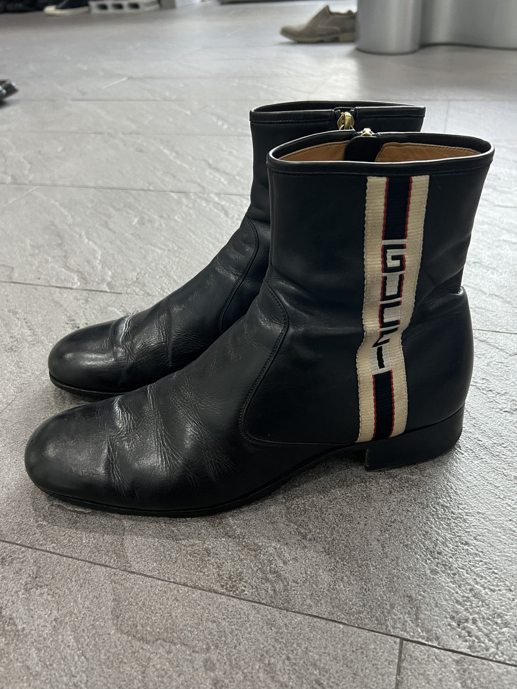 Gucci Web-Stripe Leather Ankle Boots Black 9