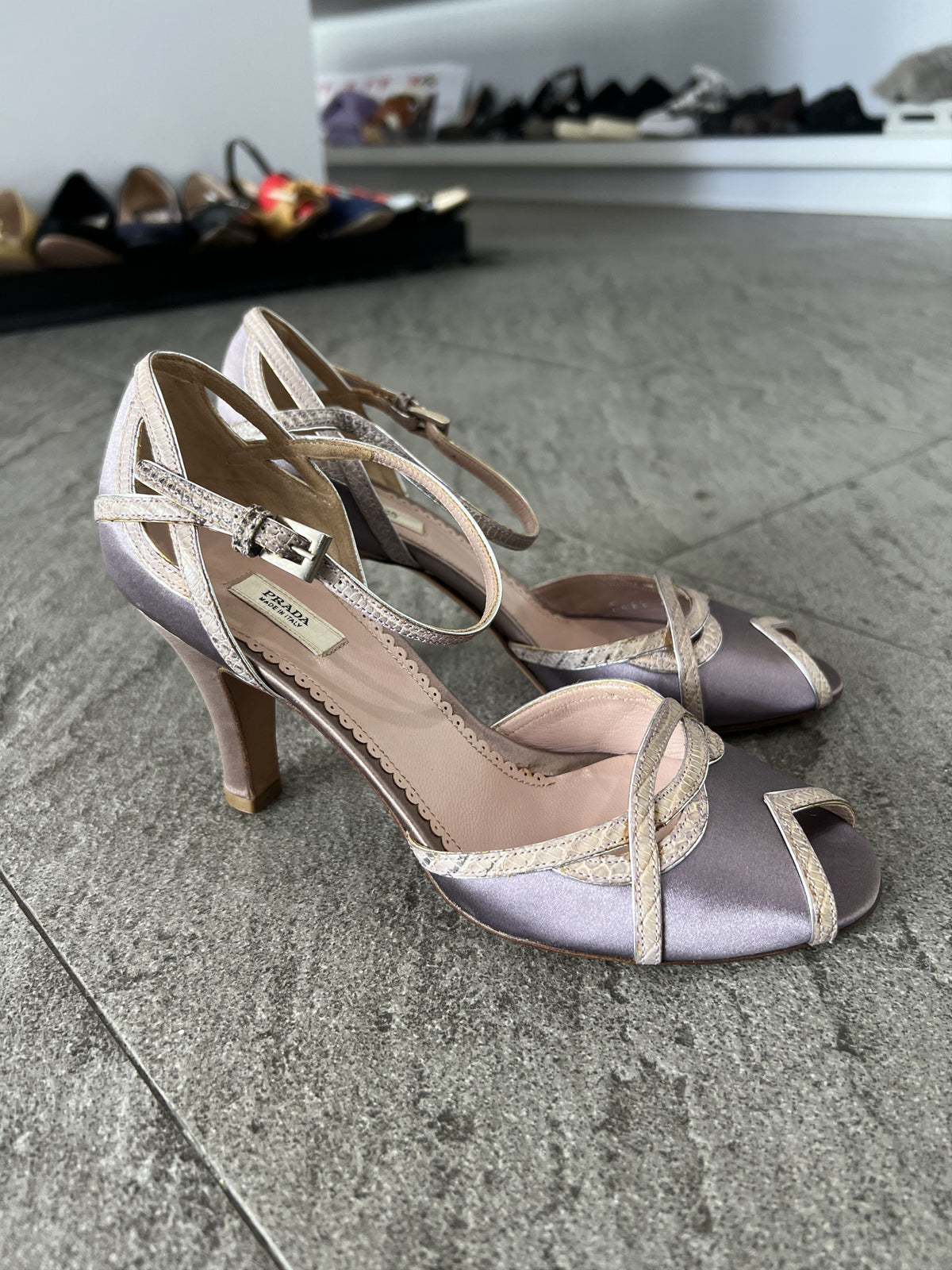 Prada Satin Ankle Strap Heels Lavender Pink 35