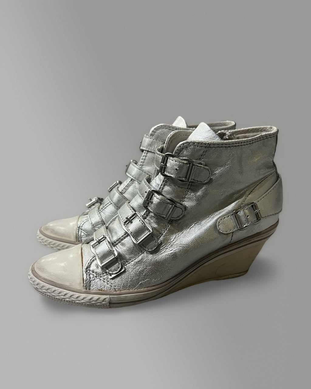 ASH Silver Leather Buckle Wedge Sneakers EU37