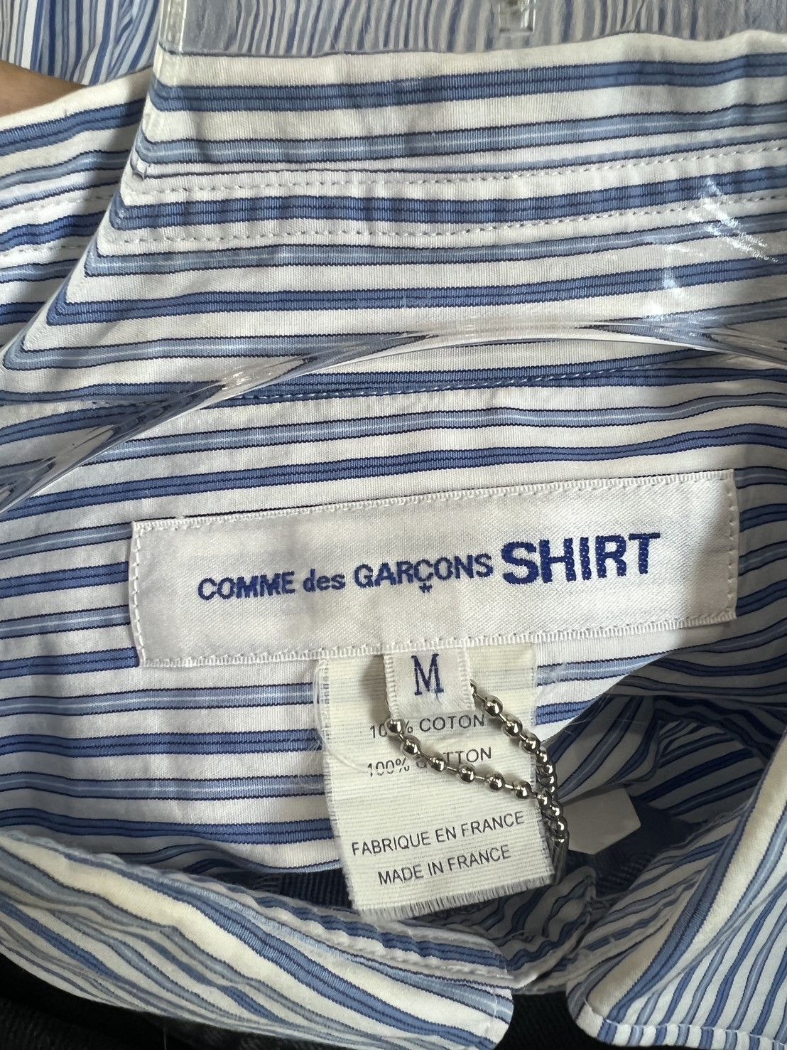 Comme des Garçons blue and white patchwork striped shirt