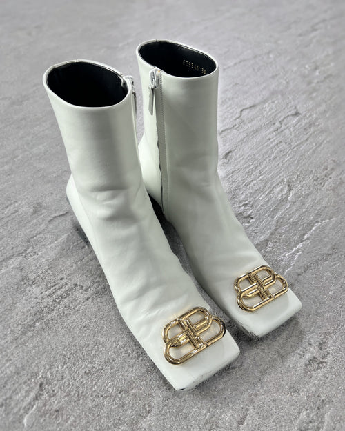 Balenciaga BB Logo Square Toe Ankle Boots White 38