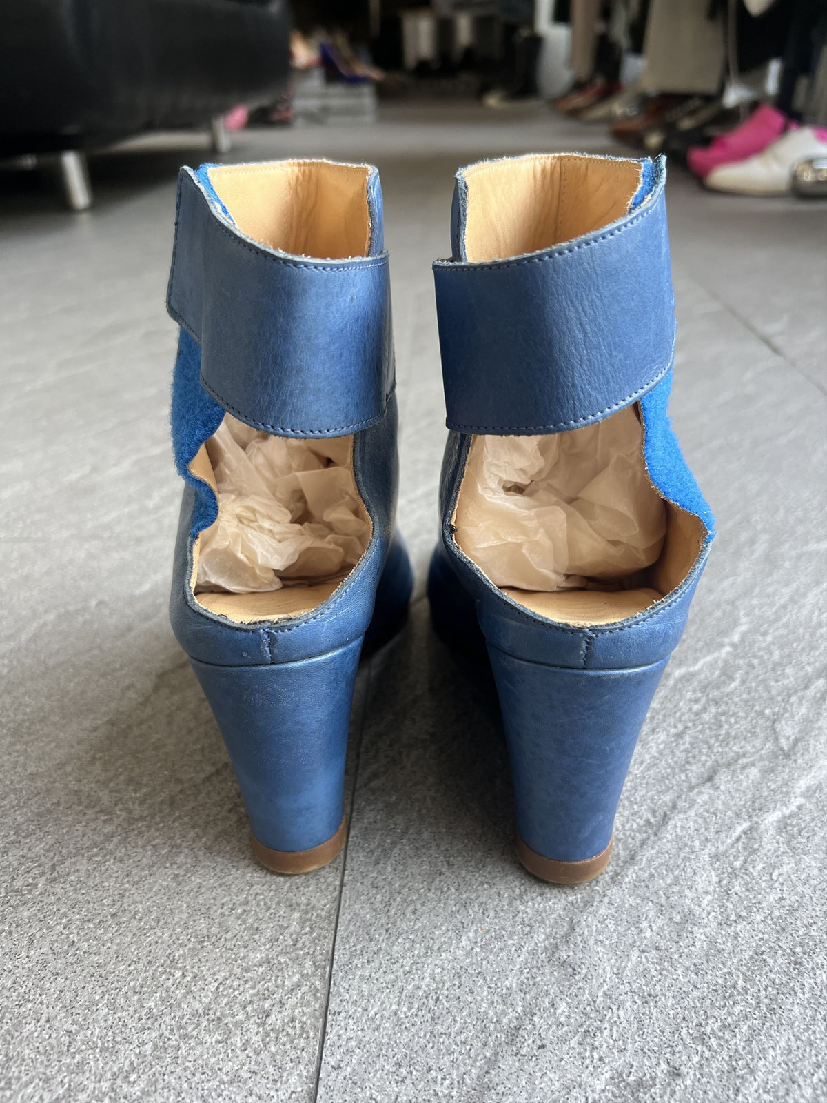 MM6 Maison Margiela Blue Leather Wedge Ankle Boots EU37