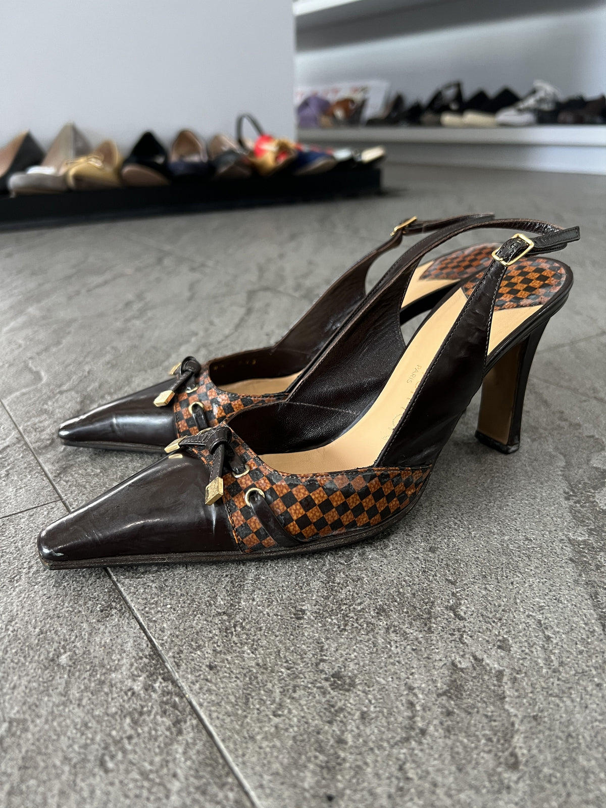 Louis Vuitton Damier Slingback Heels Brown 37.5