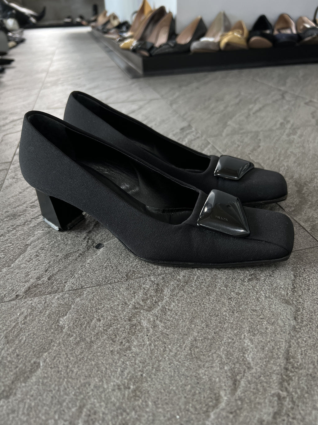 Prada Black Satin Pumps Square Toe Logo Heels EU35