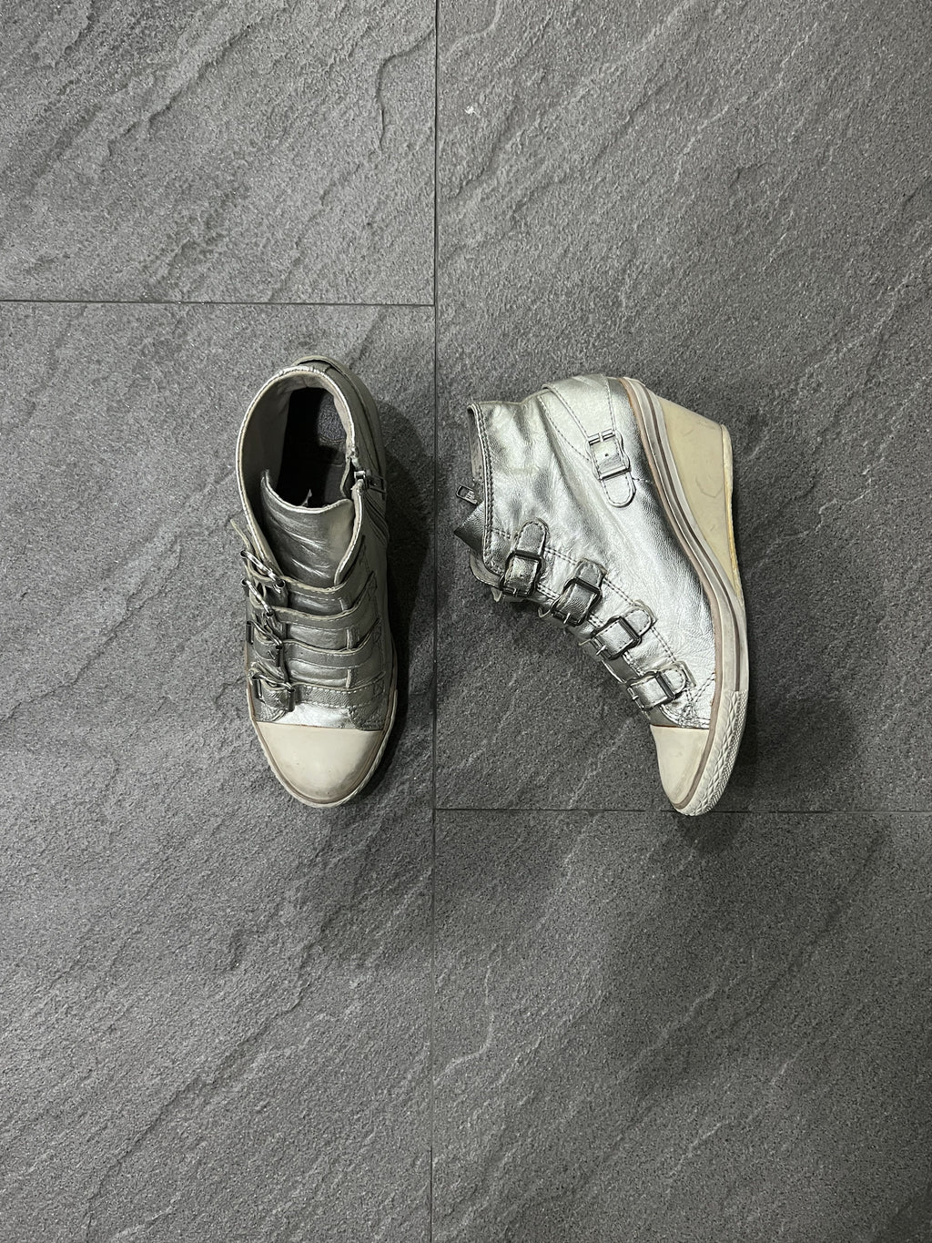 ASH Silver Leather Buckle Wedge Sneakers EU37