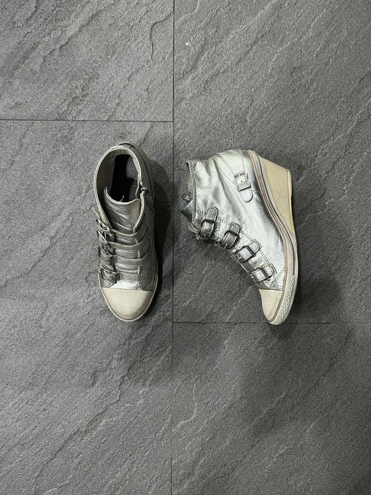 ASH Silver Leather Buckle Wedge Sneakers EU37