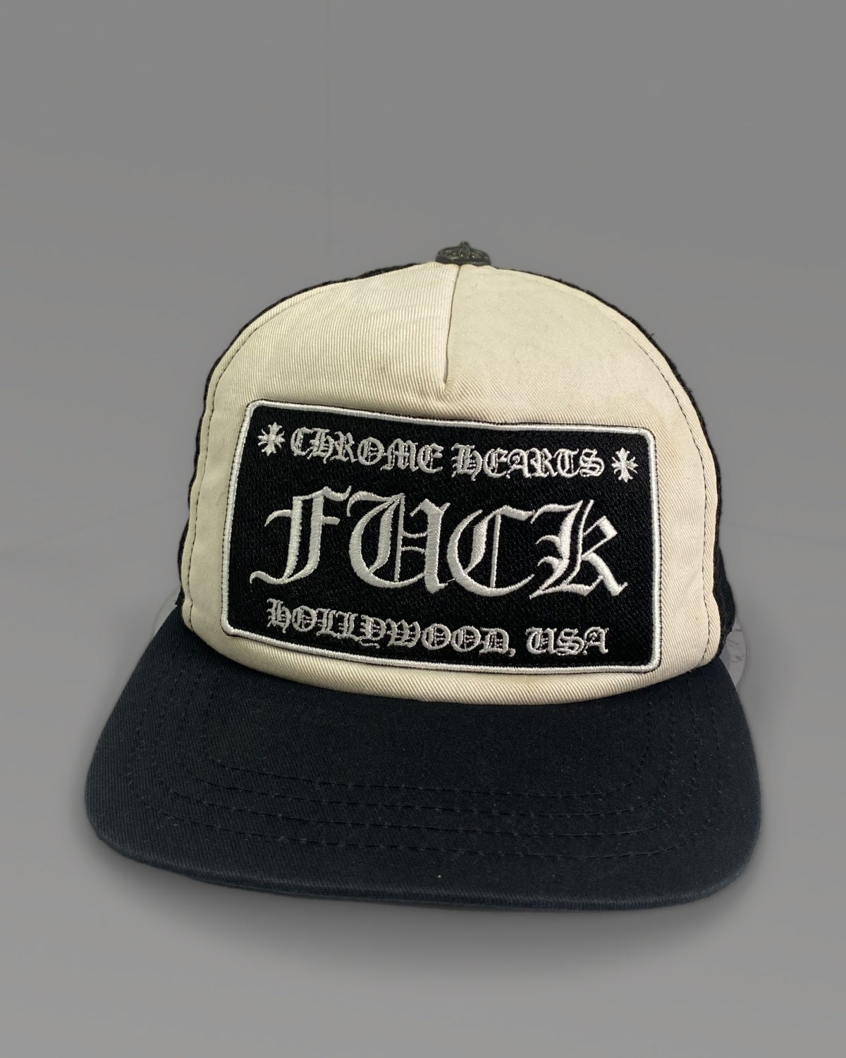 Chrome Hearts FUCK Hollywood Black Cream Trucker Hat