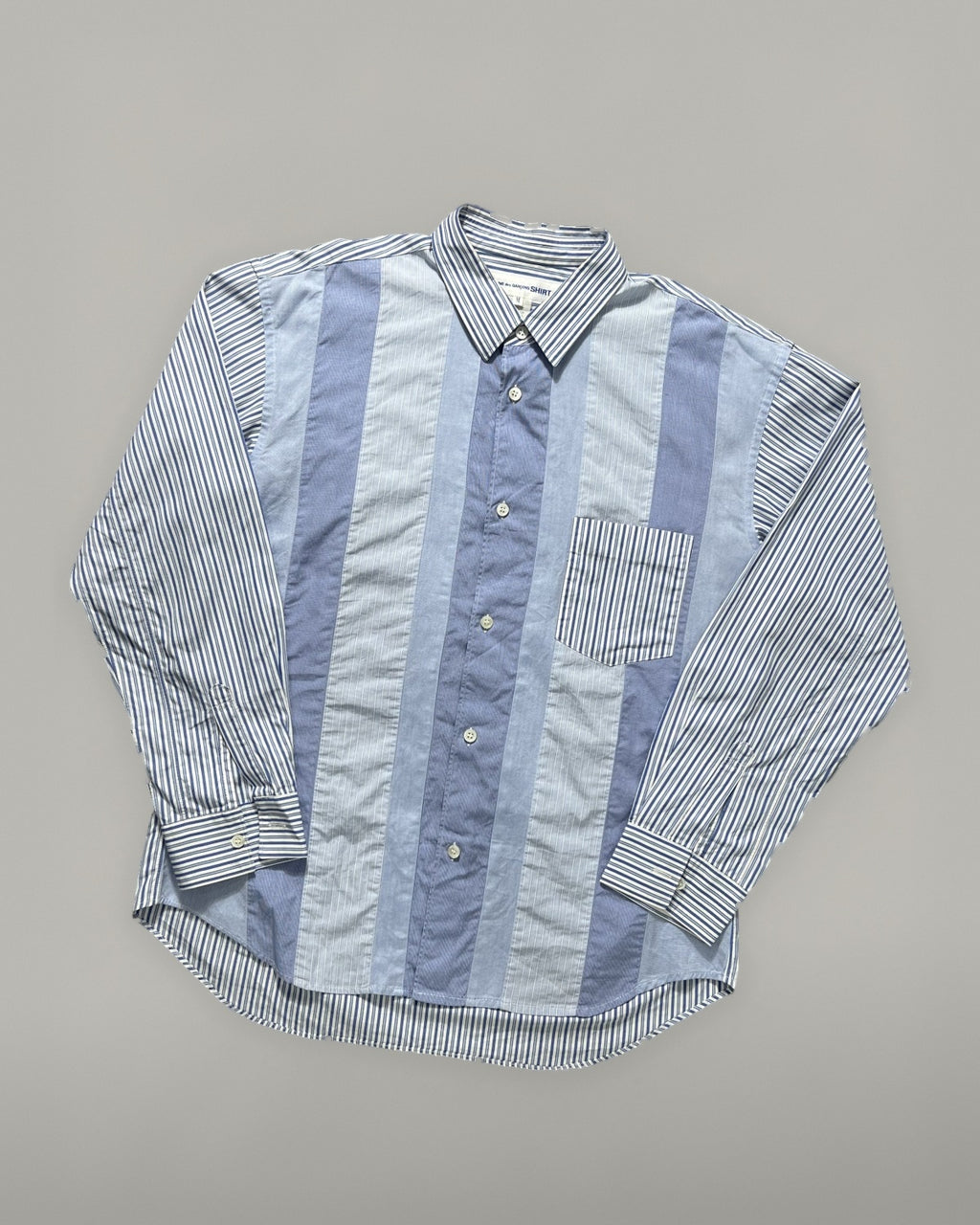 Comme des Garçons blue and white patchwork striped shirt