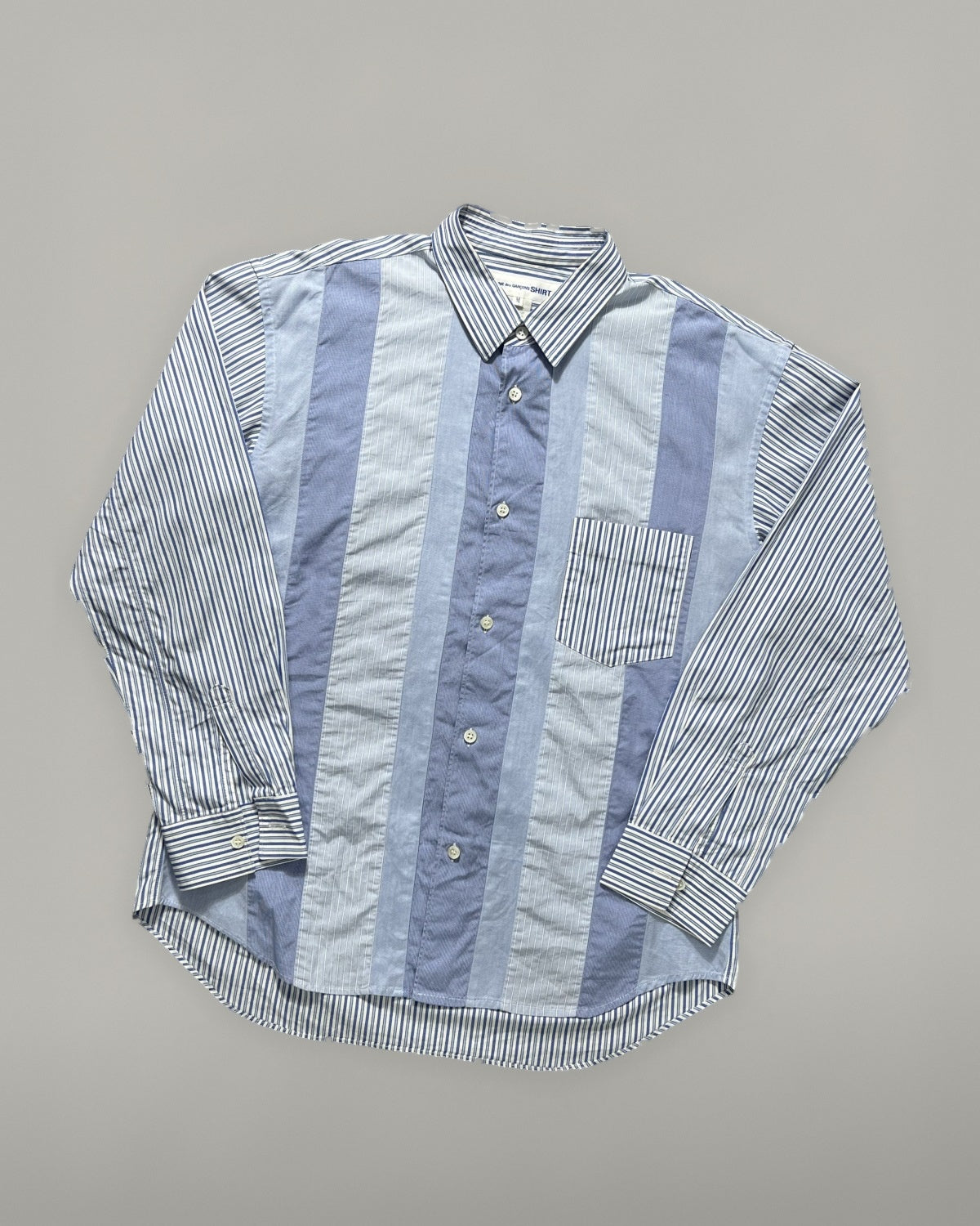 Comme des Garçons blue and white patchwork striped shirt