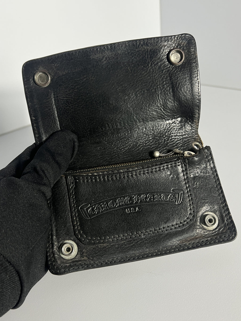 Chrome Hearts Leather Snap Wallet Silver Buttons Black