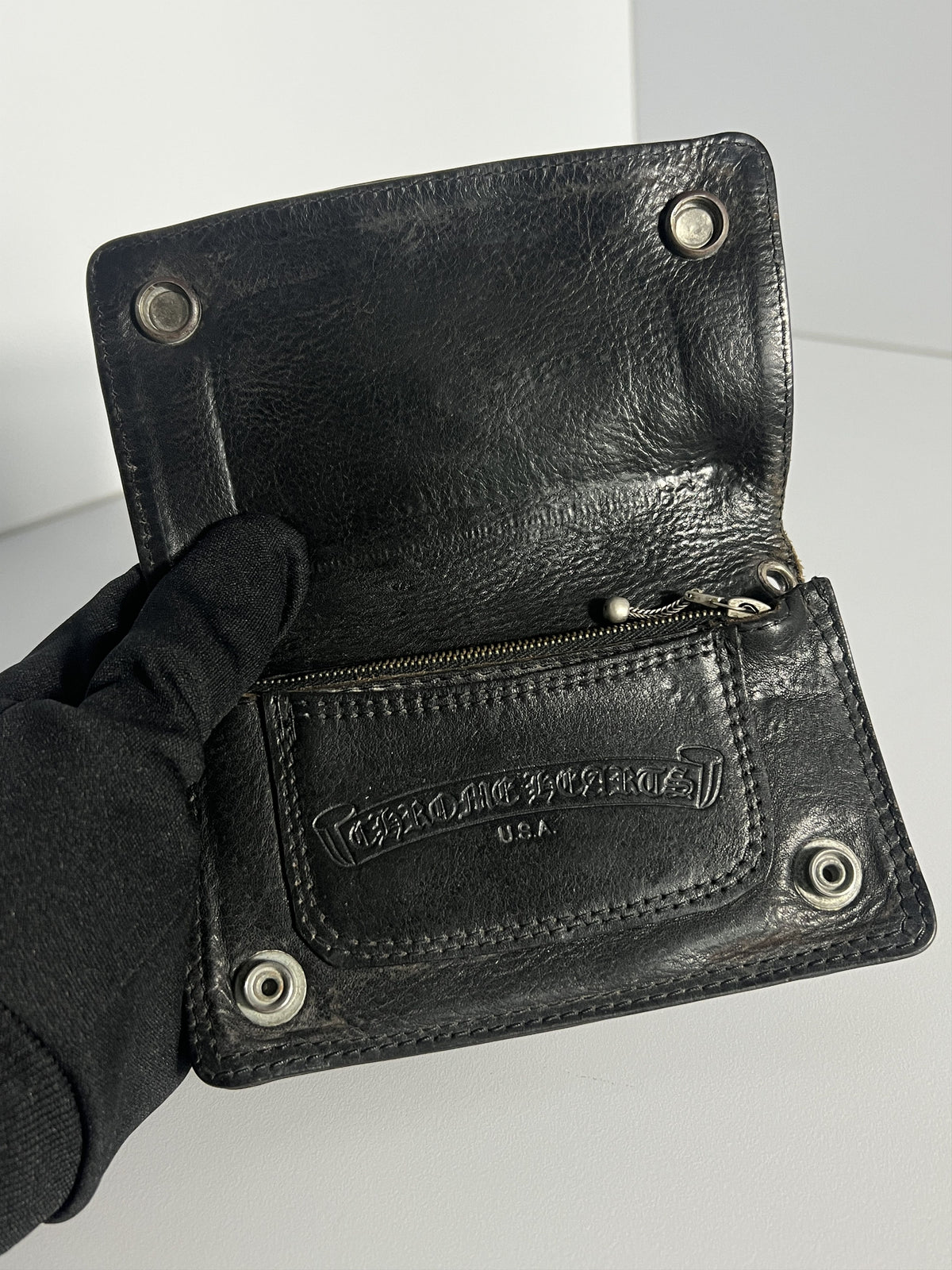 Chrome Hearts Leather Snap Wallet Silver Buttons Black