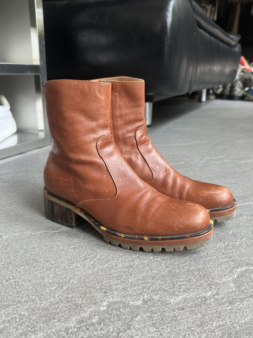 Dries Van Noten Brown Leather Tortoise Heel Boots