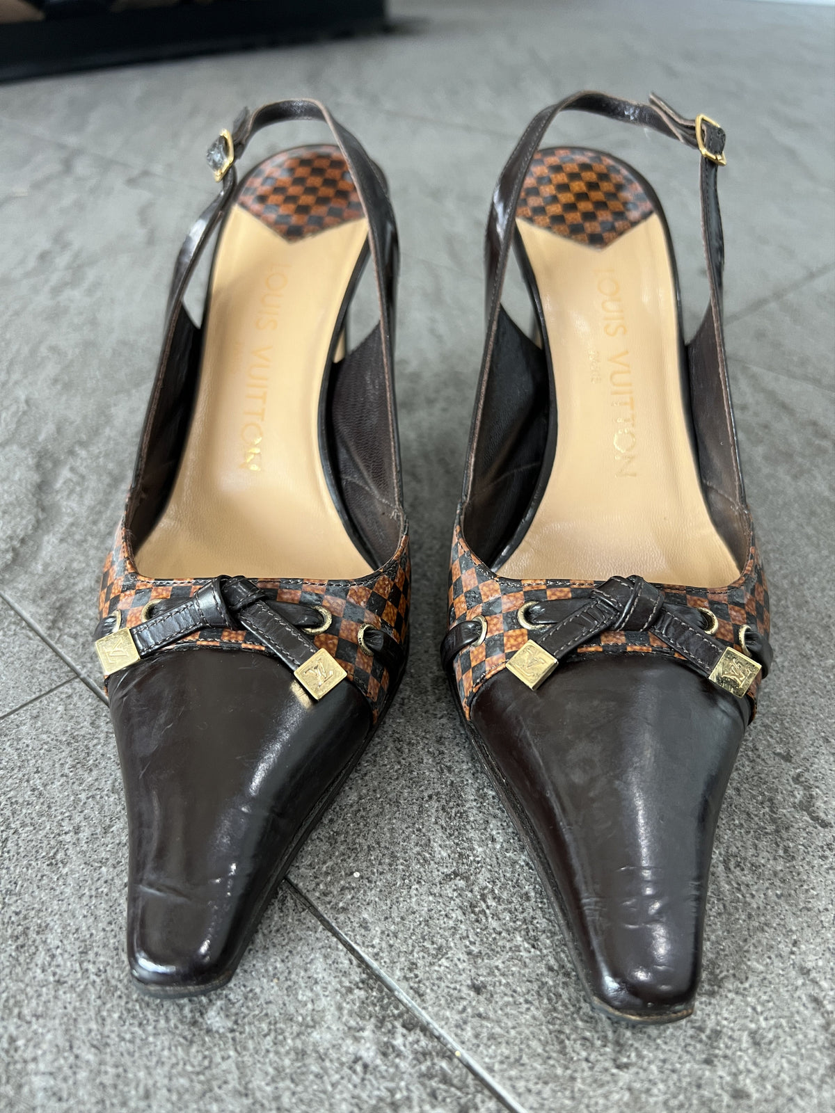 Louis Vuitton Damier Slingback Heels Brown 37.5