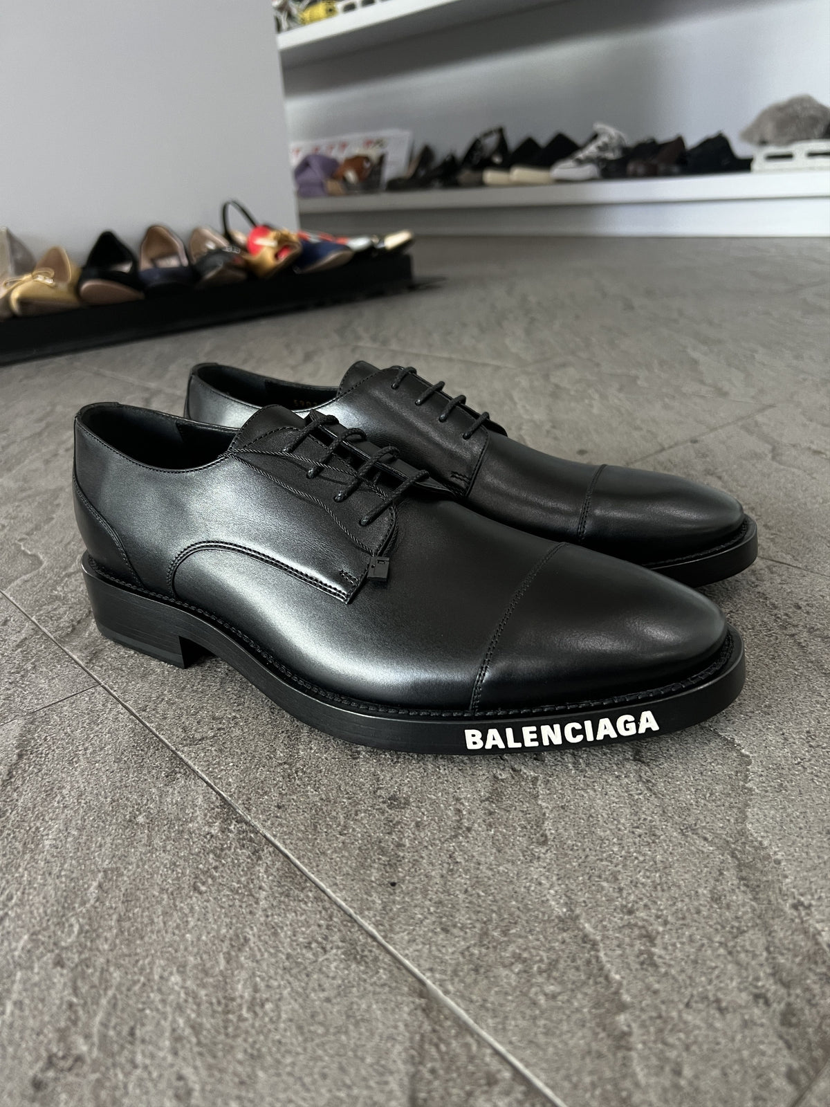Balenciaga Black Leather Derby Shoes Logo Sole 43