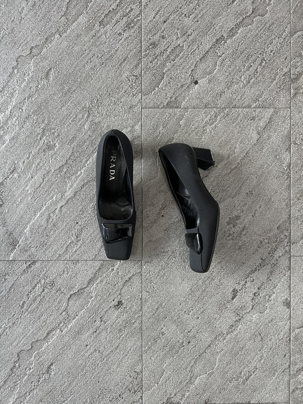Prada Black Satin Pumps Square Toe Logo Heels EU35