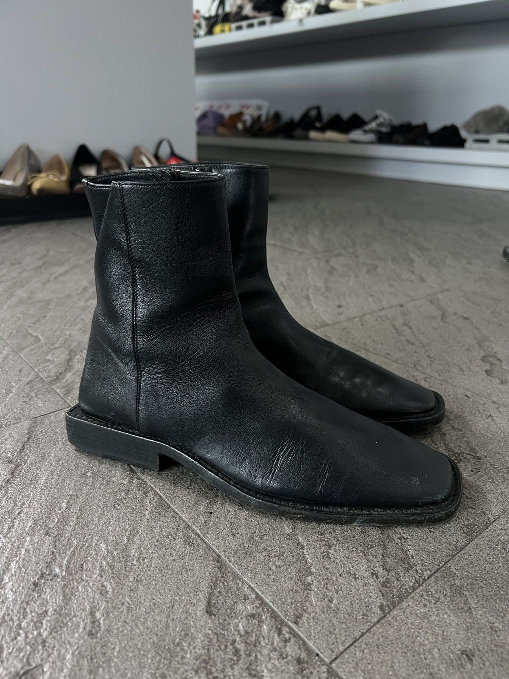Balenciaga BB Heel Logo Leather Zip Ankle Boots 37.5
