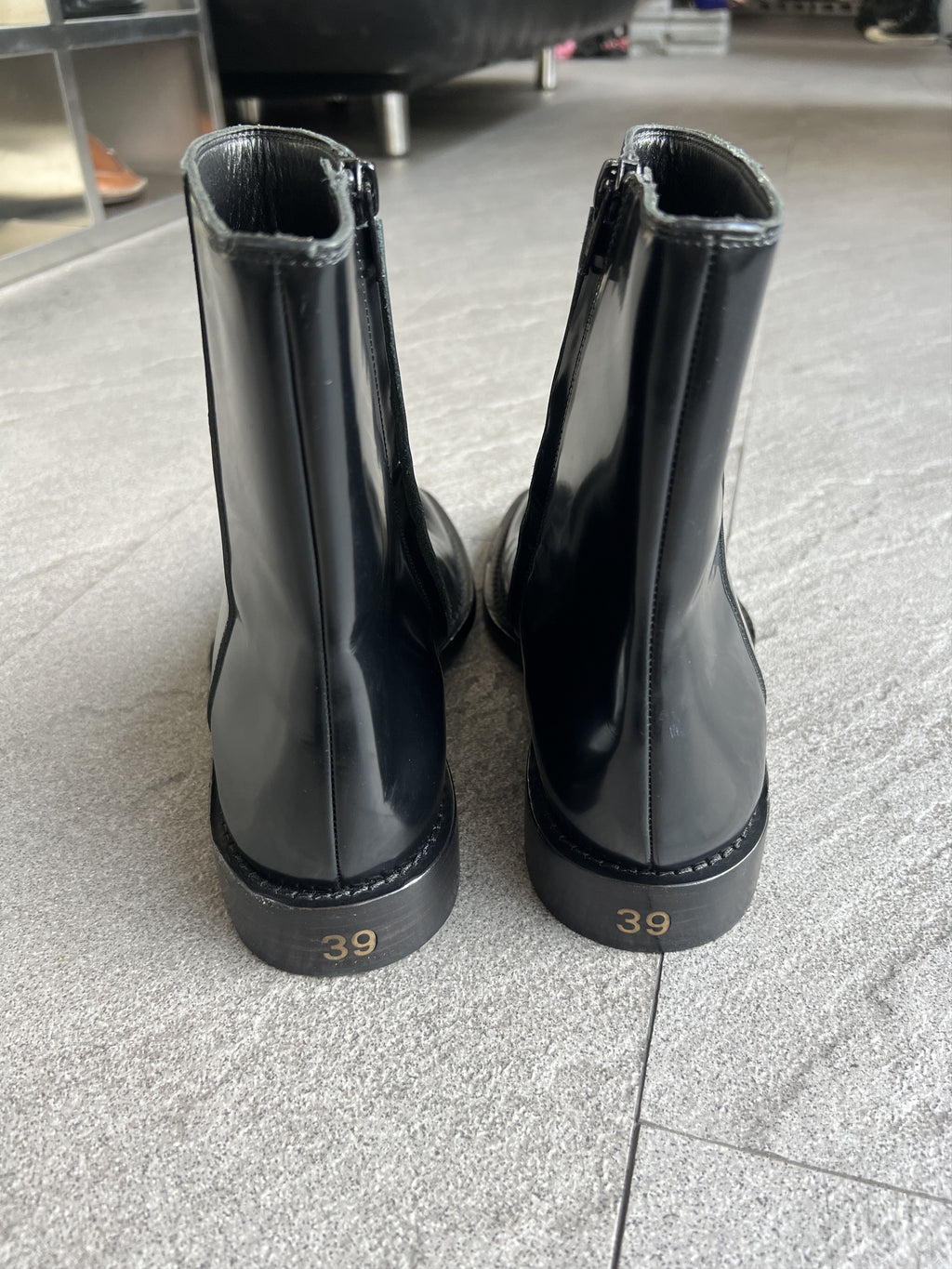 Balenciaga Black Leather Square Toe Zip Boots EU39