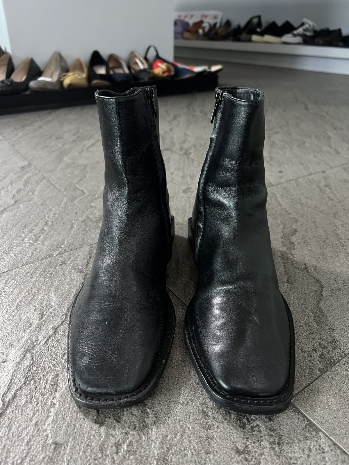 Balenciaga BB Heel Logo Leather Zip Ankle Boots 37.5