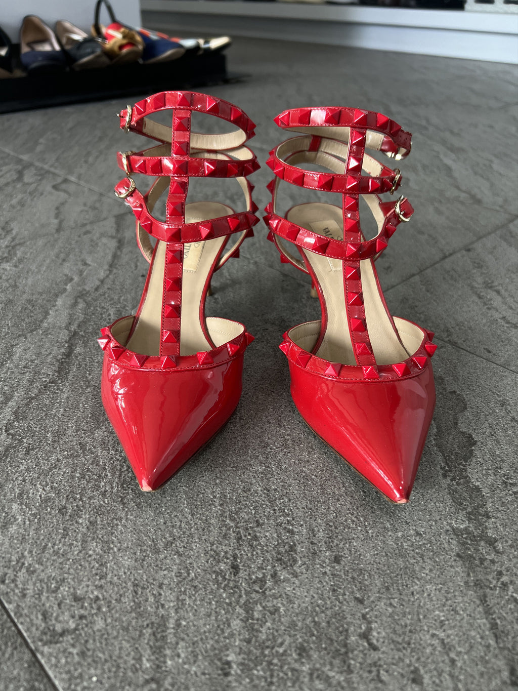 Valentino Rockstud Patent Cage Heels Red 37