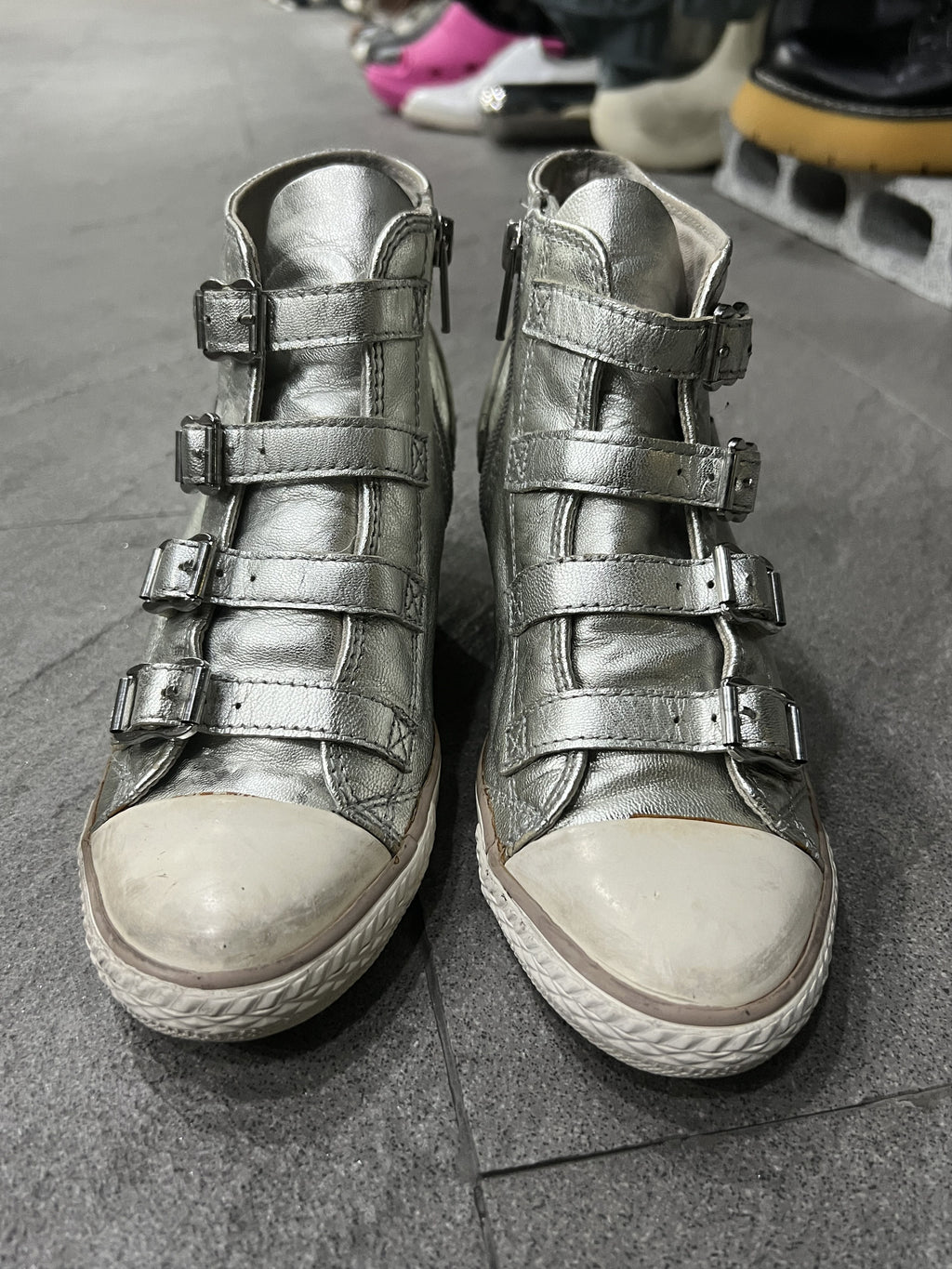ASH Silver Leather Buckle Wedge Sneakers EU37