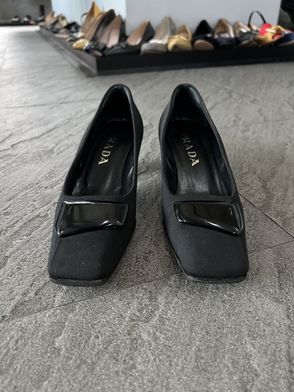 Prada Black Satin Pumps Square Toe Logo Heels EU35