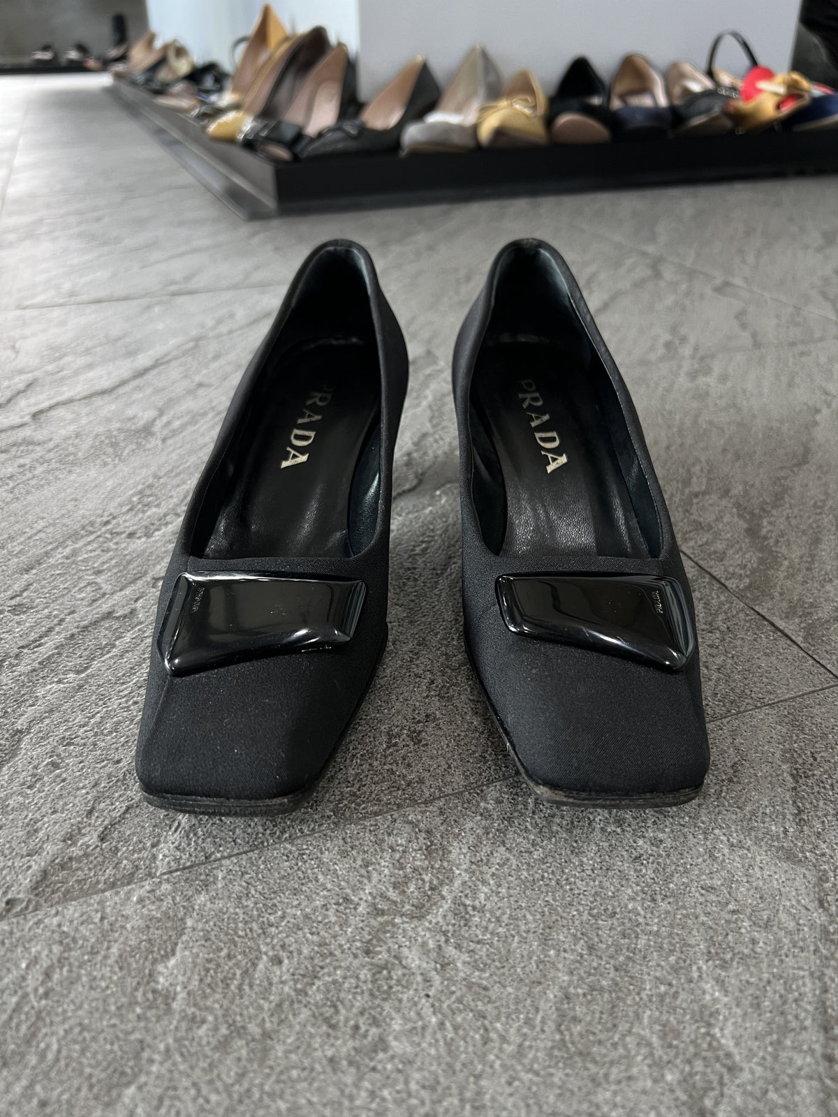 Prada Black Satin Pumps Square Toe Logo Heels EU35