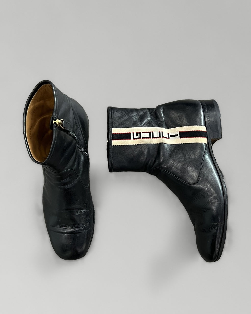 Gucci Web-Stripe Leather Ankle Boots Black 9