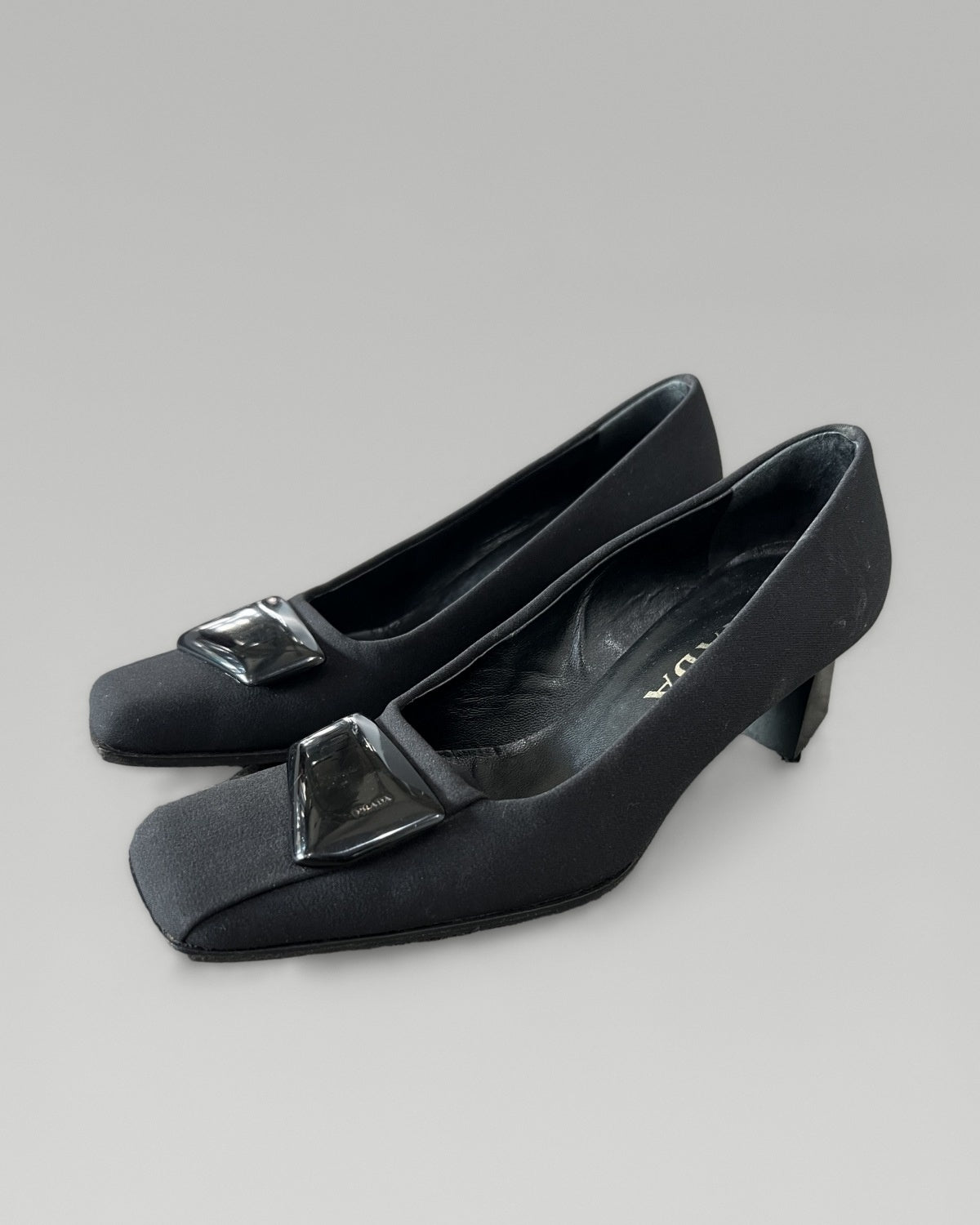 Prada Black Satin Pumps Square Toe Logo Heels EU35